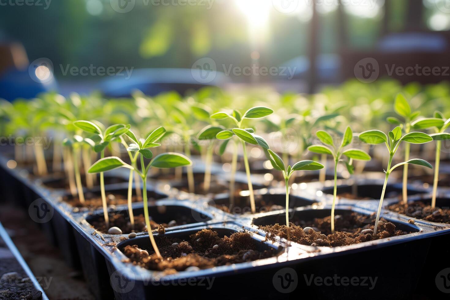 Trays of young plant seedlings basking in the sunlight, promising a new start. photo