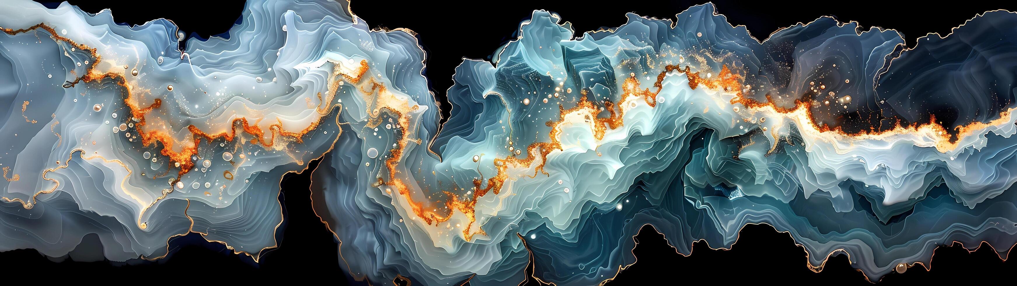 An abstract blue and gold marble pattern with flowing shapes graces a dark background in a fantasy style photo