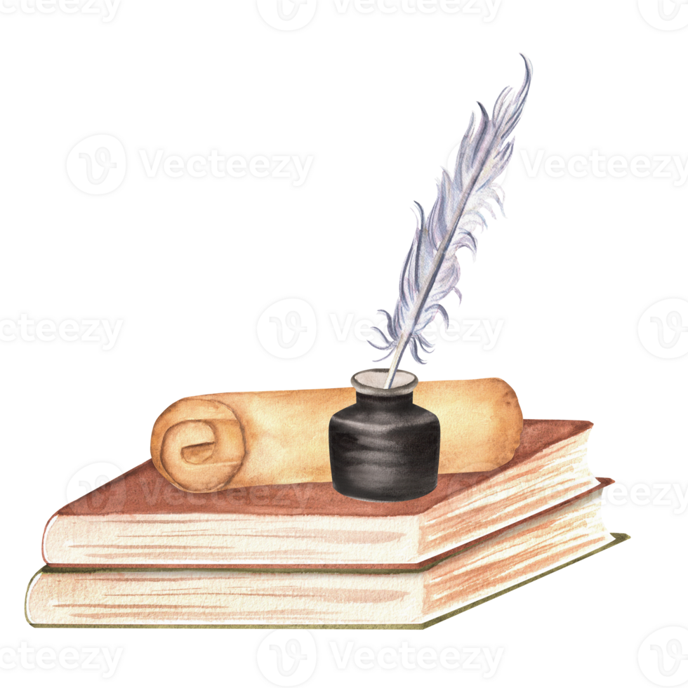 A pile of books, paper scroll, inkwell and a quill. Old parchment, vintage books and writing materials. Hand-drawn watercolor illustrations. png