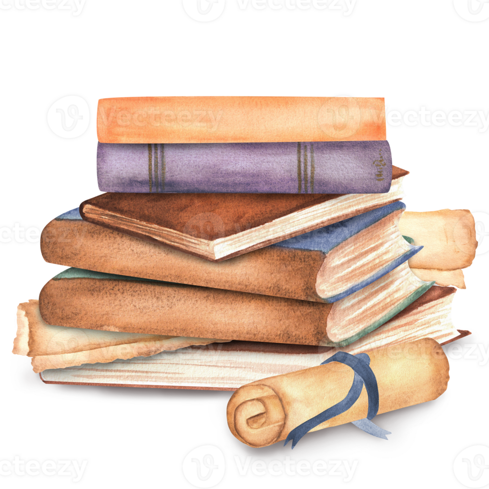A pile of books with scrolls. Clipart elements on the topic of reading. Library, bookstore, bookshop, university, Hand-drawn watercolor illustrations. png