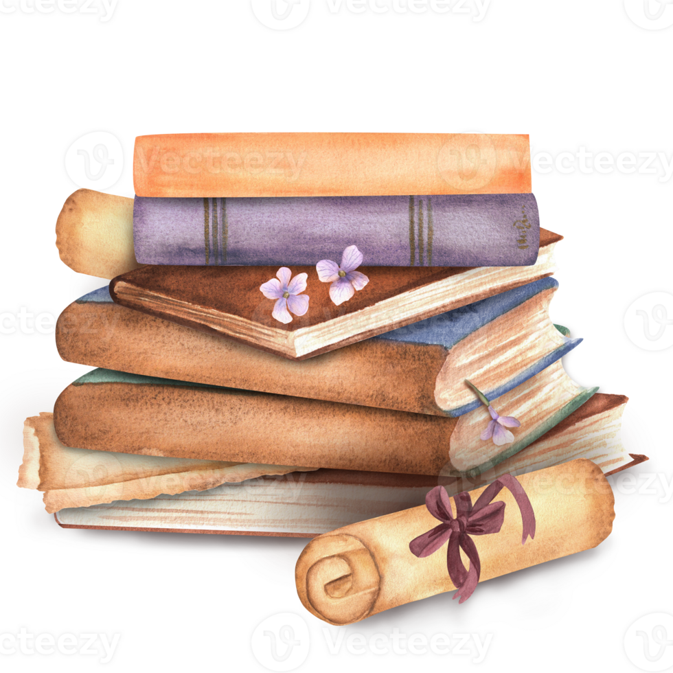 A pile of books with scrolls and lilac flowers. Clipart elements on the topic of reading. Library, bookstore, bookshop, university, Hand-drawn watercolor illustrations. png