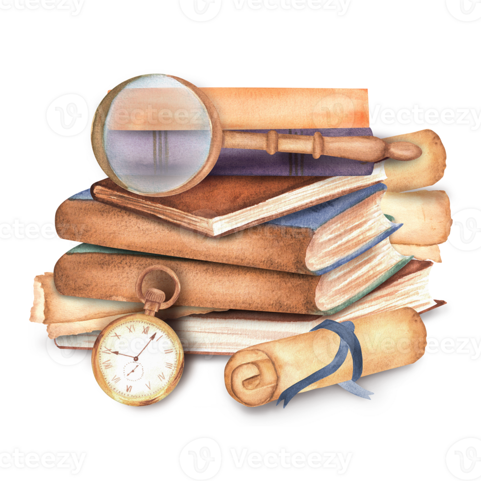 A pile of books with scroll, magnifying glass on top and pocket watch. Clipart elements on the topic of reading. Library, bookstore, bookshop, university, Hand-drawn watercolor illustrations. png