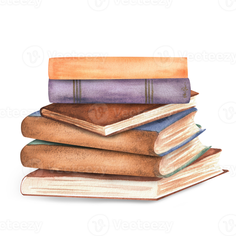 A pile of books. Clipart elements on the topic of reading. Library, bookstore, bookshop, school, university, Hand-drawn watercolor illustrations. png