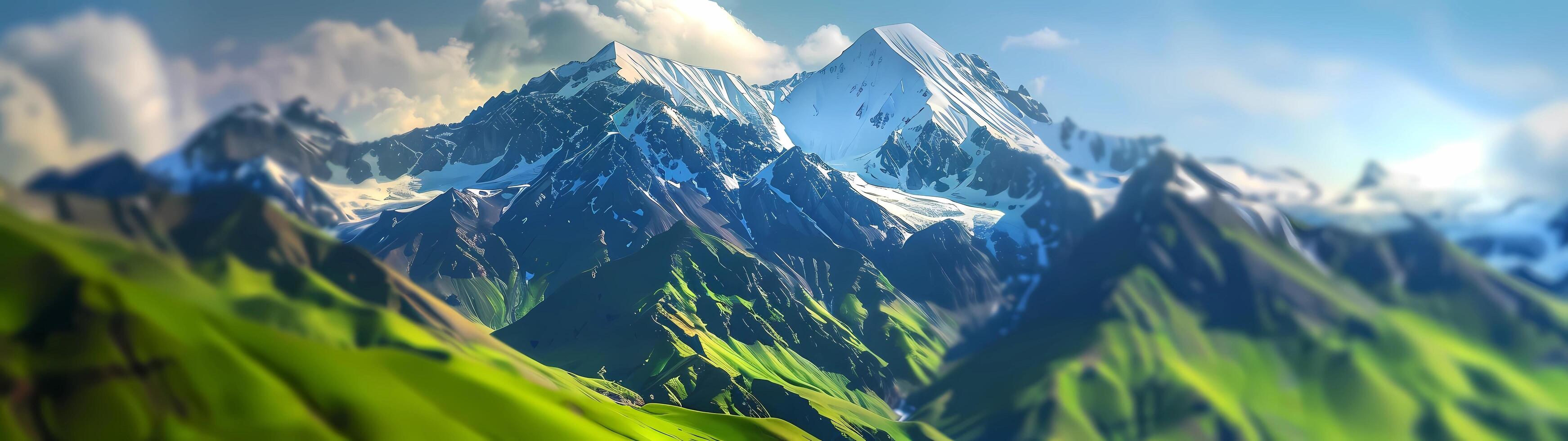 A stunning mountain range boasts snowy peaks and lush green grassy slopes photo