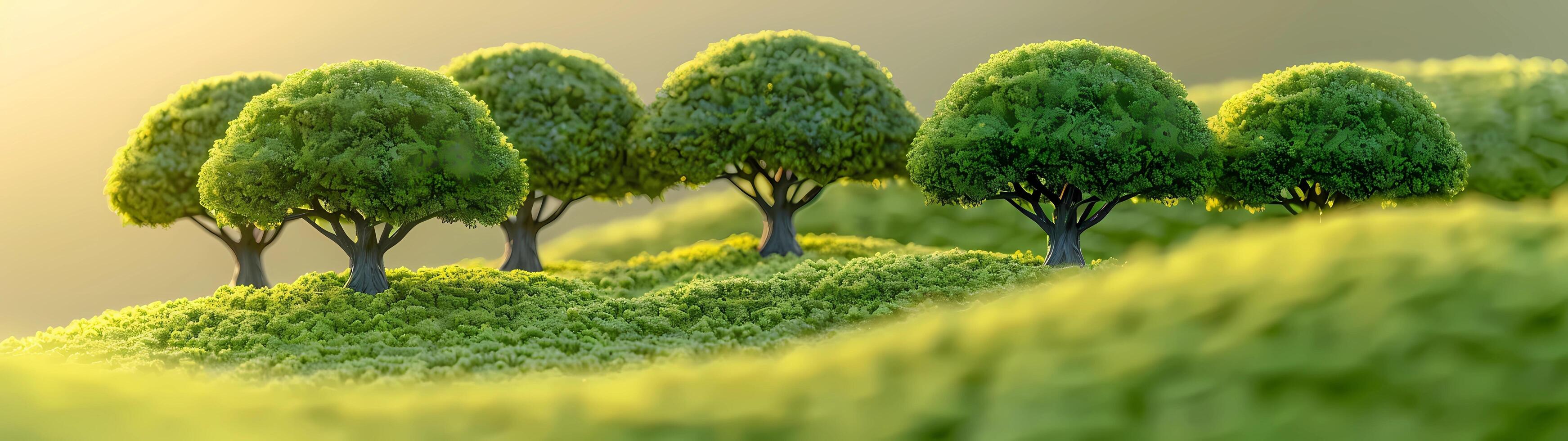 Small trees with lush, soft-textured leaves adorn green hills, set against a gradient background in a close-up view photo