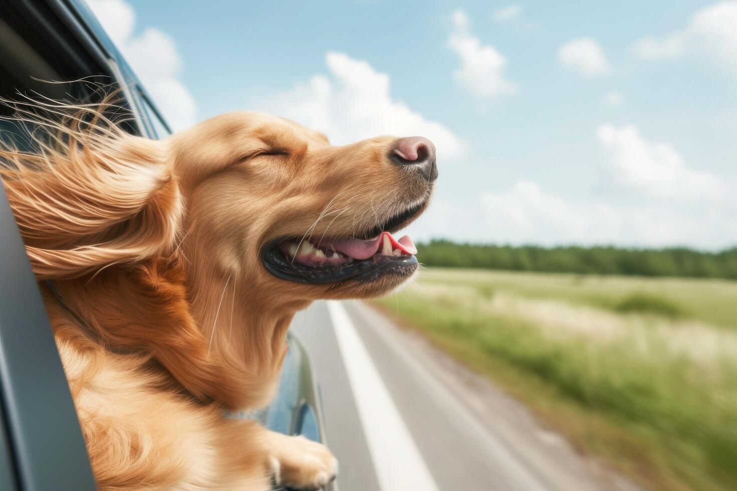 A Labrador Retriever leans out of a car window, eyes closed in contentment, relishing the sensation of the cool wind brushing through its fur photo