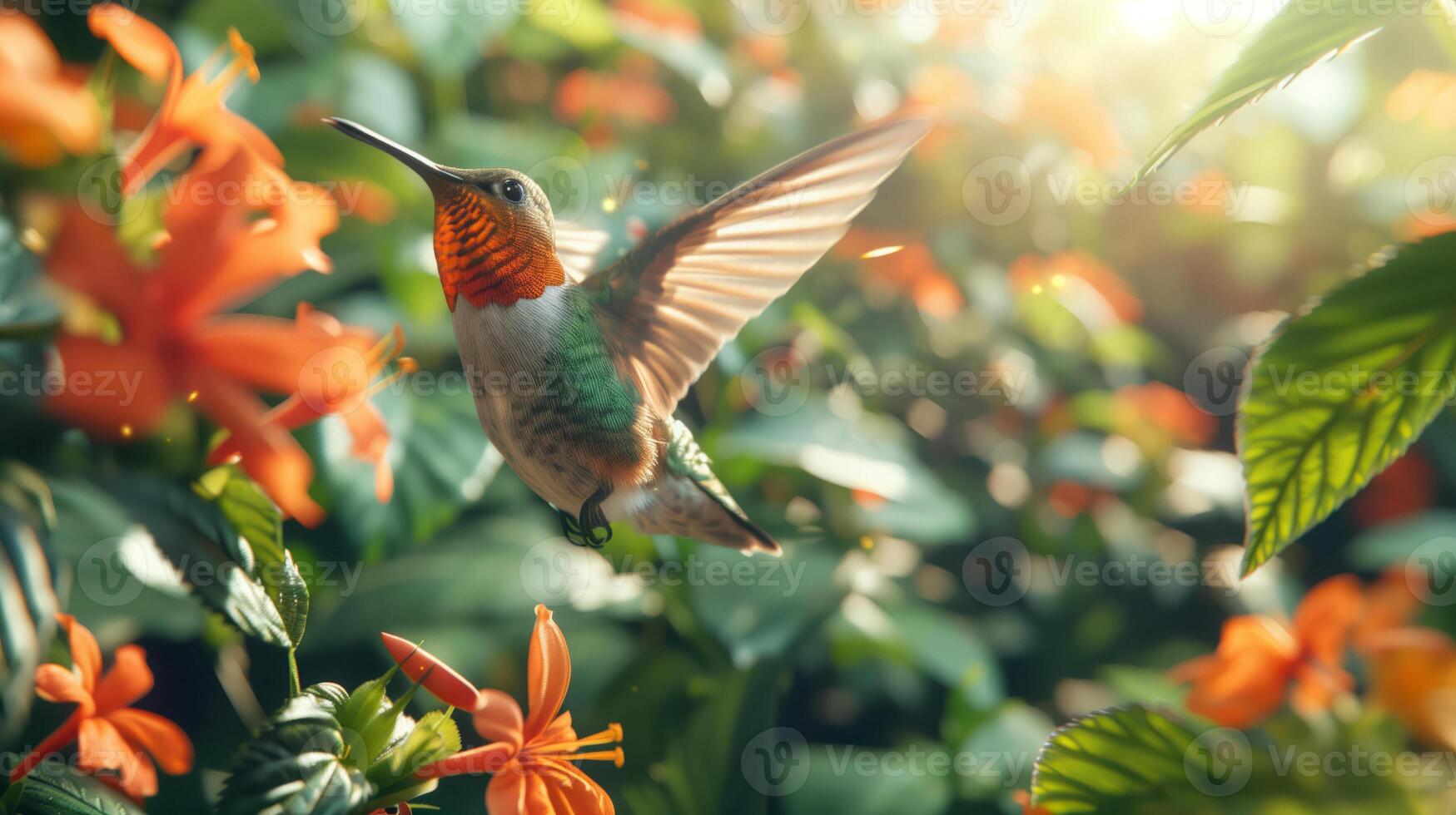A hummingbird with wings that dissolve into a cascade of flowers and leaves, Cinematic Lighting, epic composition, copy space photo