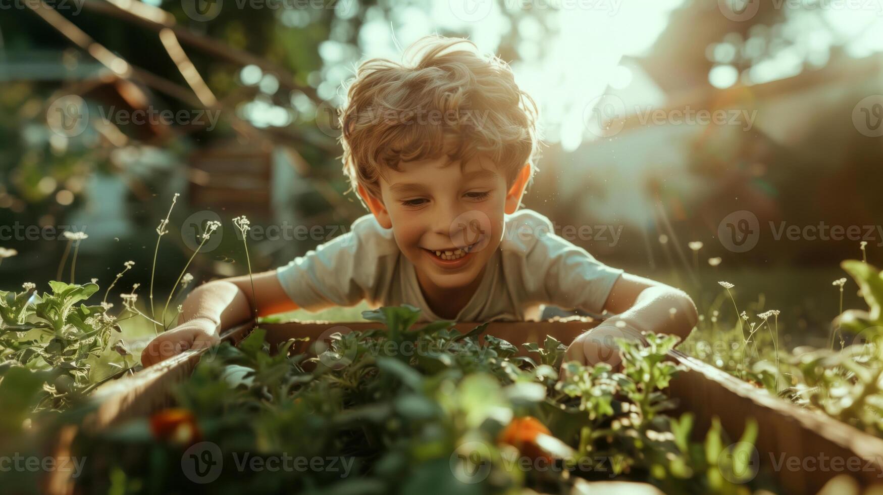 Child building a cardboard spaceship in a backyard, imagining interstellar adventures among the stars, cinematic lighting, irregular composition photo
