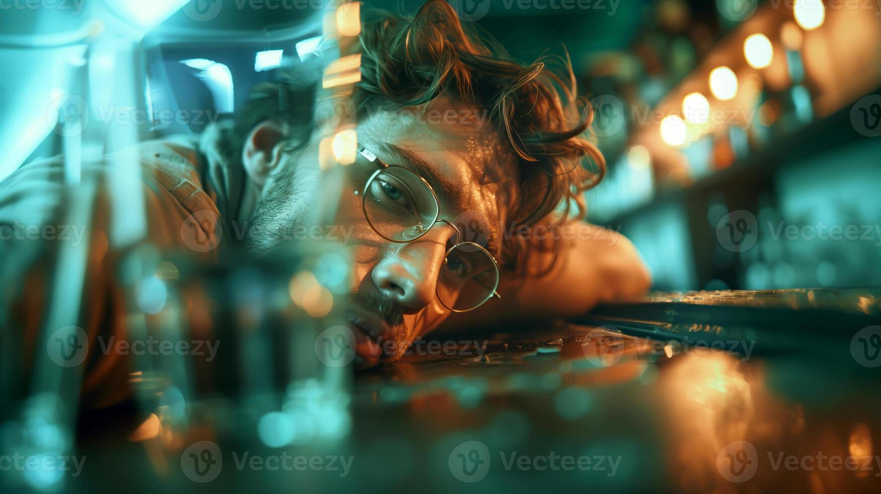 Drunk man slumped over a bar counter, surrounded by empty glasses and dimly lit by overhead lamps. Cinematic Lighting, irregular composition, copy space, photo