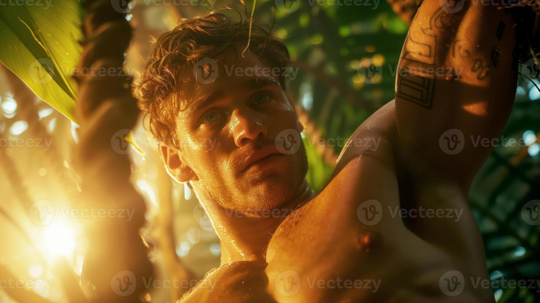 A human adventurer with magical tattoos, wielding an ancient artifact amidst an ancient, overgrown jungle temple bathed in the light of a setting sun. Cinematic lighting, irregular composition, copy photo