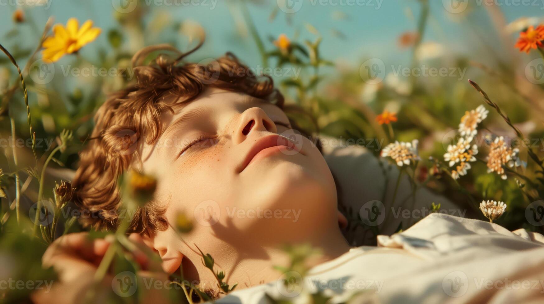 Child lying in a field of wildflowers, eyes closed, imagining fantastical scenes in the clouds above, cinematic lighting, irregular composition photo