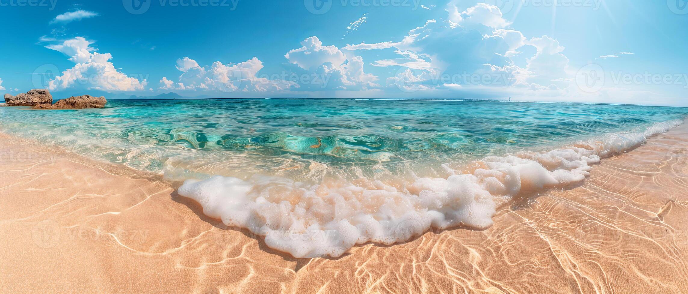 A turquoise sea gently lapping against a pristine white sandy beach under a vibrant blue sky, Cinematic Lighting, epic composition, copy space photo