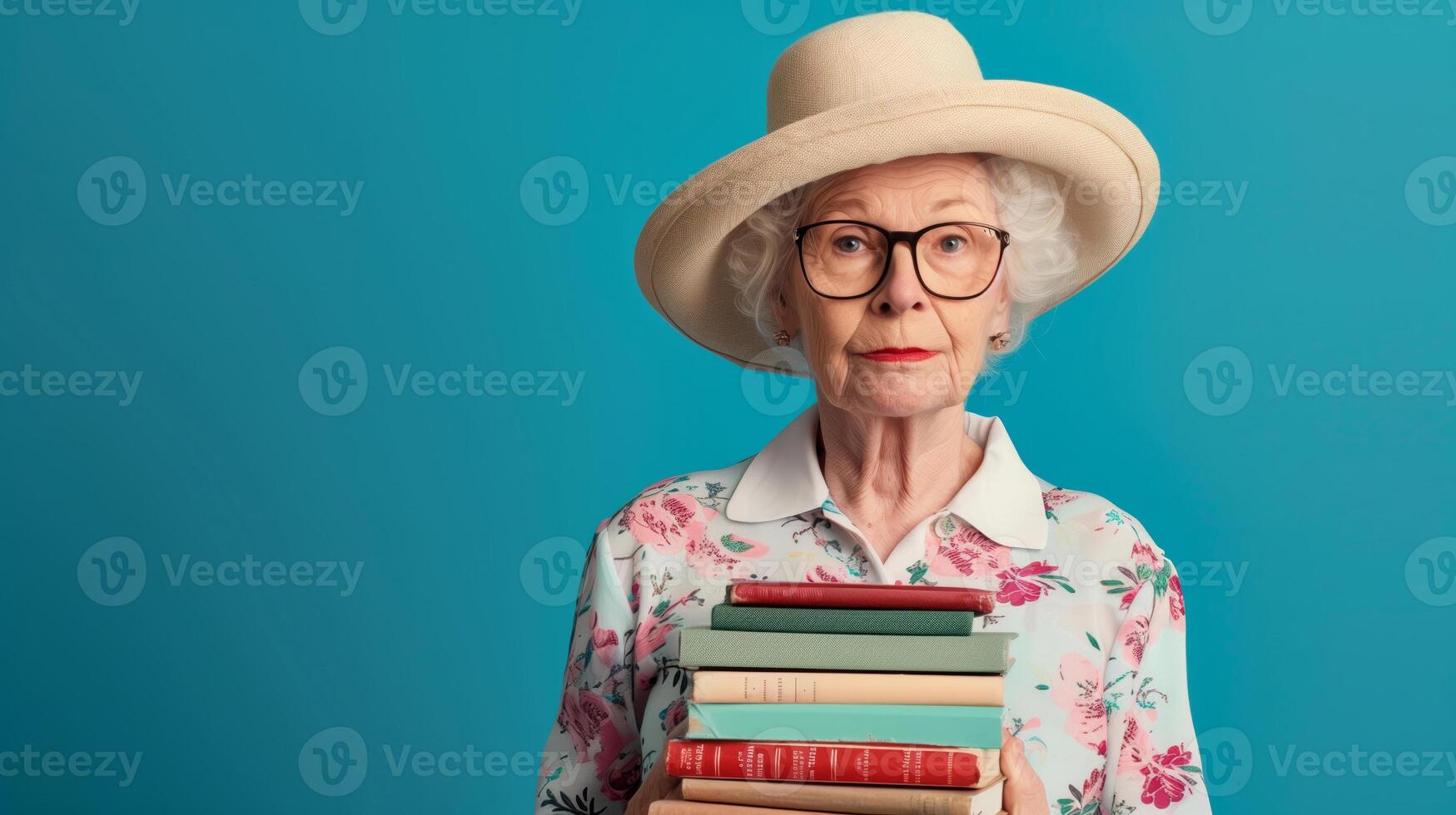 A senior woman dressed as a librarian, holding a stack of books, Studio Lighting, portrait shot, copy space, flat background photo