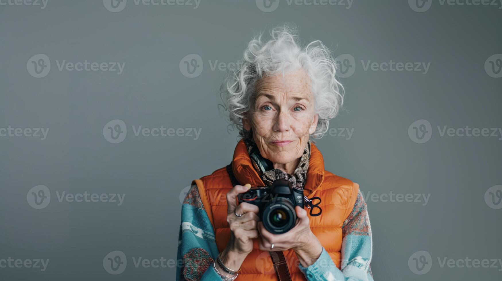 A senior woman wearing a photographer's vest, holding a camera, Studio Lighting, portrait shot, copy space, flat background photo