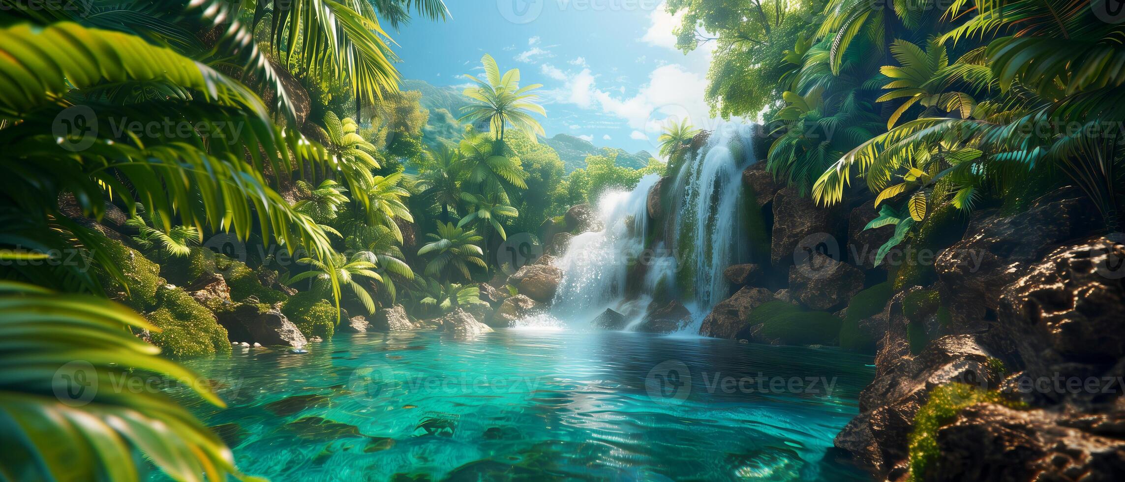 A refreshing plunge into a hidden waterfall reveals a natural paradise. Crystal-clear turquoise water cascades down moss-covered rocks, forming a cool and inviting pool. Lush vegetation surrounds the photo