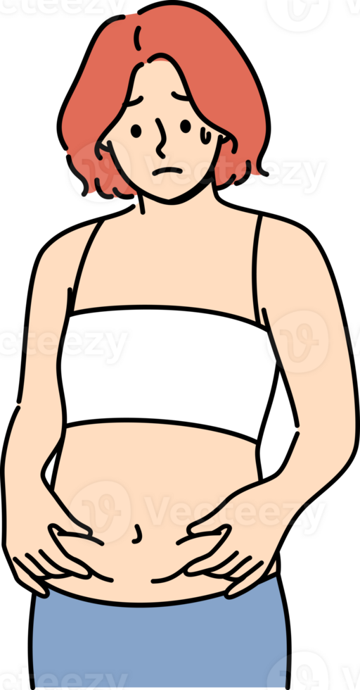 Woman is frightened by appearance of belly fat and afraid of gaining excess weight after changing diet. Thin girl thinks she has become fat, suffering from psychological problems and low self-esteem png