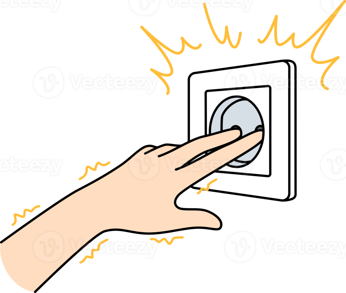 Hand near electrical outlet produces electric shock when touched due to violation of safety regulations. Man sticks fingers into socket and gets electric shock becouse of stupidity and curiosity png