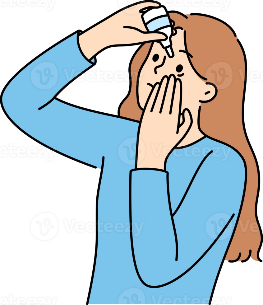 Woman uses eye drops to improve vision or reduce dry pupils causing ophthalmic diseases. Young girl with eye drops recommended by ophthalmologist to avoid blindness and conjunctivitis. png