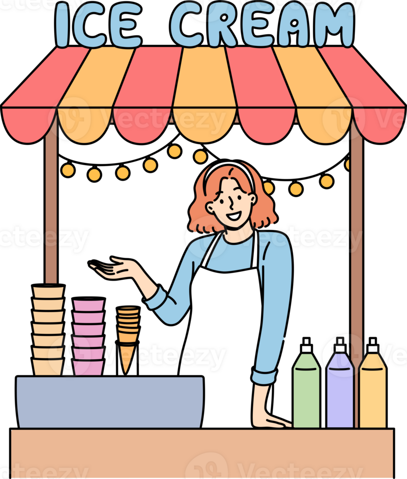 Woman sells ice cream in street stall and makes gesture inviting you to try cold dessert. Girl selling ice cream in waffle cones with addition of sweet syrups to quench summer thirst png
