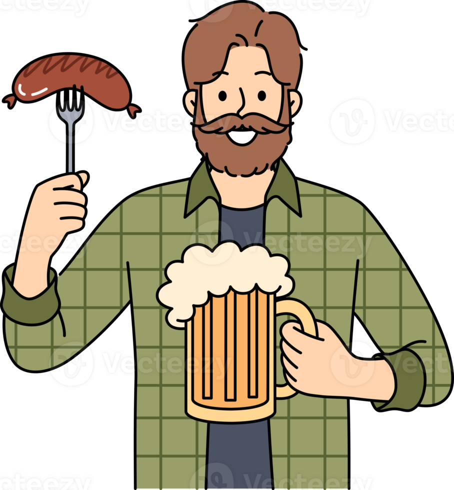 Man with mug of beer in hands and Bavarian sausage smiles, visiting pub or tavern to relax after working week. Happy guy participating in oktoberfest enjoying taste of foamy beer and meat snacks png