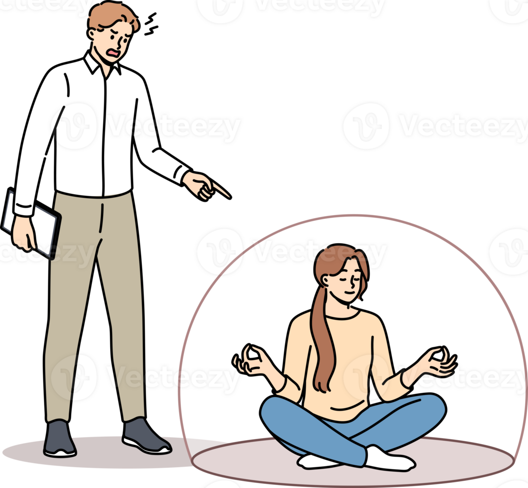 Woman meditates and does not pay attention to screaming boss, sits in lotus position in transparent cocoon. Girl meditates and practices zen buddhism to stay calm at work with toxic management. png