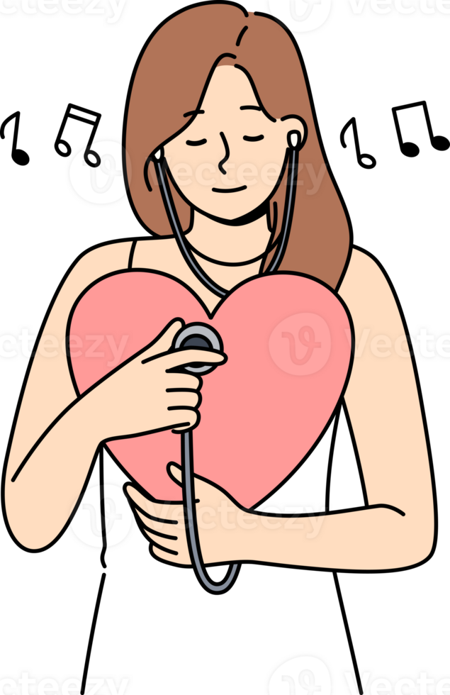 Woman listens to own heart using stethoscope to maintain spiritual harmony and psychological health. Positive girl with big heart takes care of cardio organs for improve well-being. png
