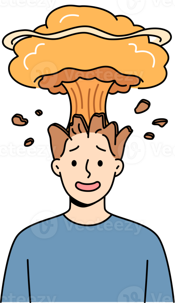 Man feels explosion in head due to brain overload with unnecessary data and lack of information hygiene. Overload causes nuclear boom for guy who has experienced sudden surge of anger and aggression png