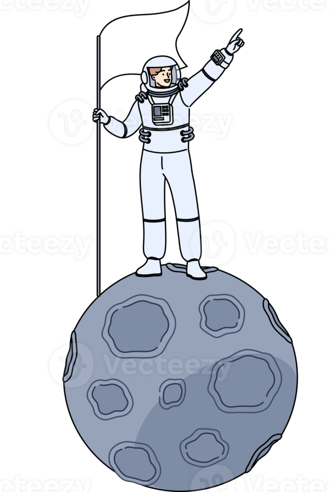 Man astronaut stands on miniature moon in space and holds flag pointing towards endless galaxy. Astronaut guy dressed in spacesuit who was in orbit for first time and went into open cosmos png