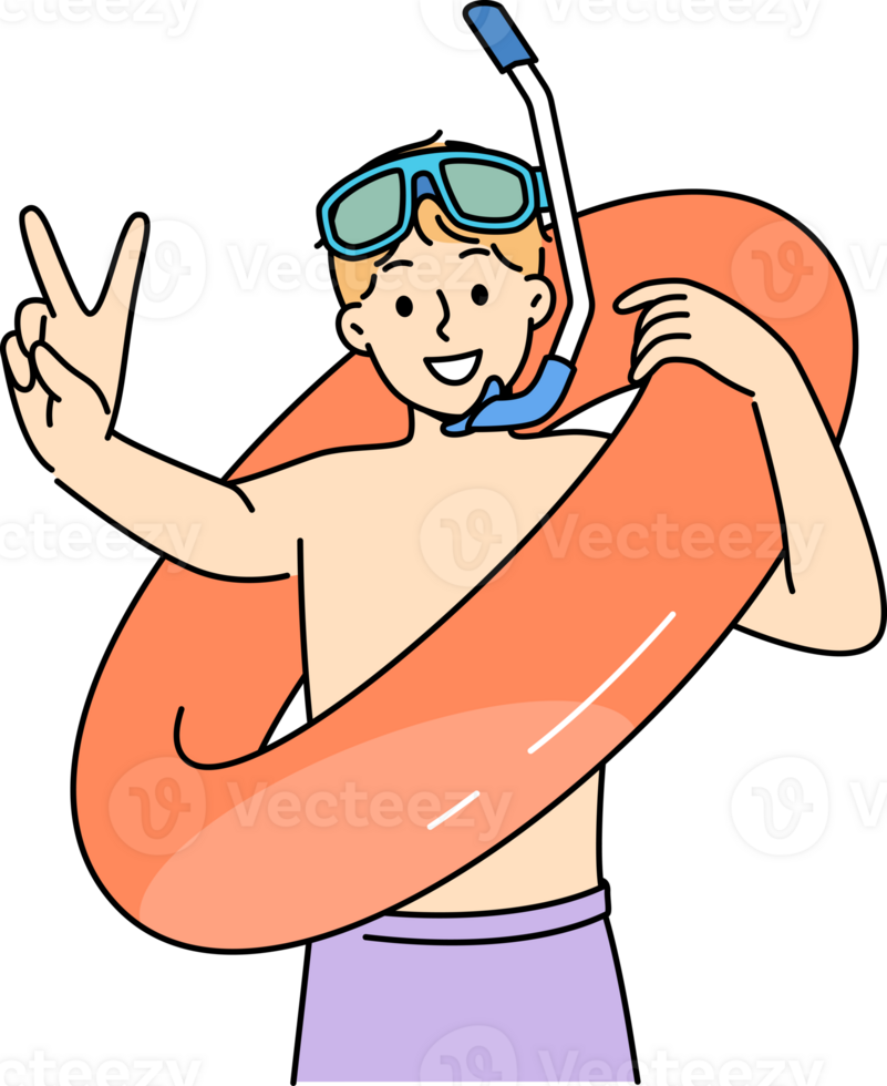 Little boy who loves to swim in pool with inflatable ring shows V gesture and looks at screen with smile. Teenage child comes to water park to swim and greets friends, anticipating fun. png