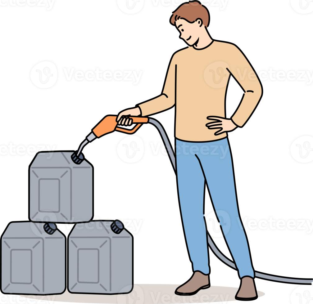Man pours gasoline into tanks at gas station to stock up on fuel for car in case of oil crisis. Positive guy uses tank cars to store gasoline or kerosene when traveling long distances png