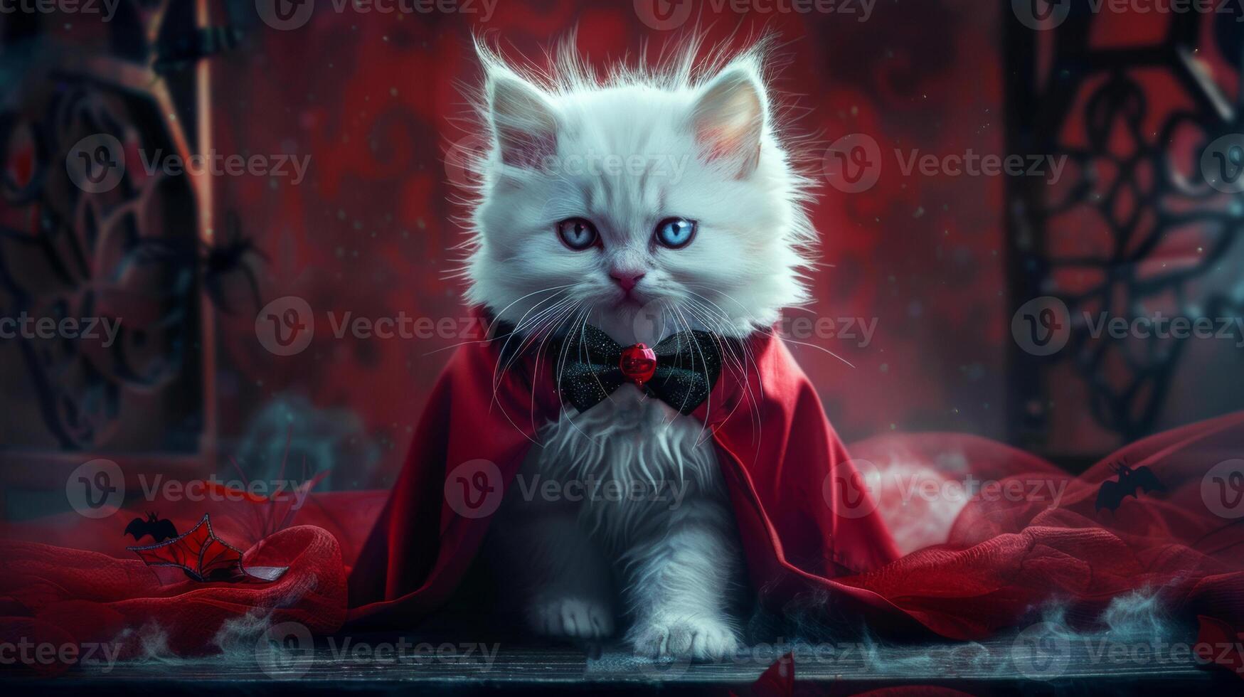 A white kitten wearing a red cape and bowtie sits on a dark surface photo