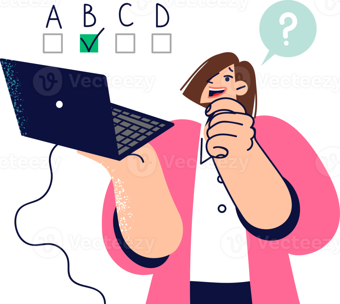 Woman thinks taking online test on laptop and chooses one of options offered by program. Girl visits website with test to determine compatibility with boyfriend or choose career path png