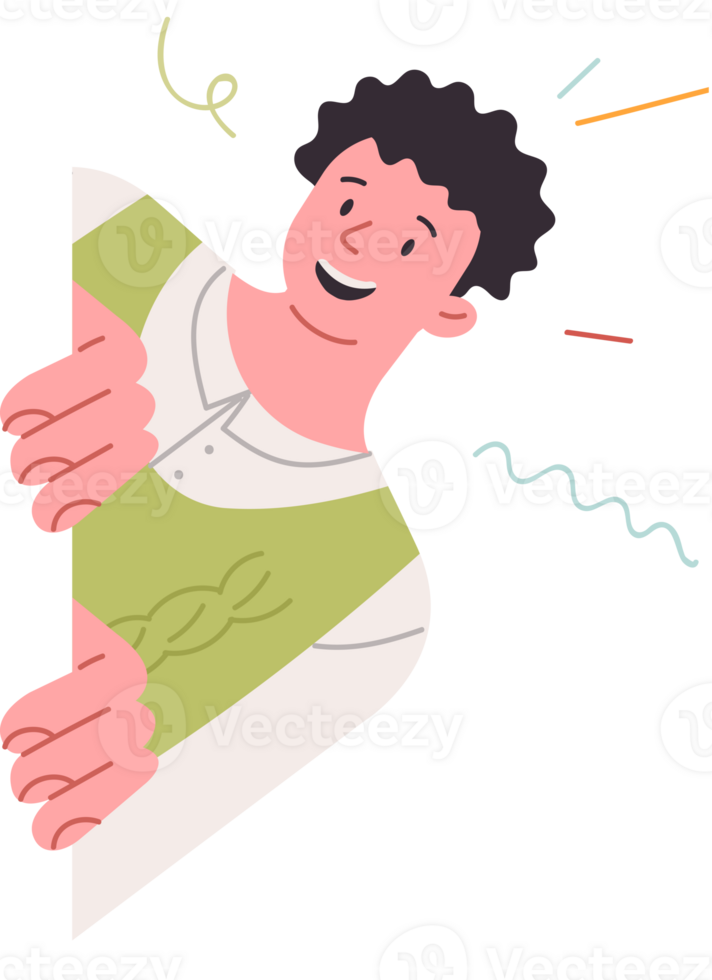 Inspired teenager looks out from behind wall, wanting to surprise friends as passed by. Promoter guy spies on potential clients to make surprise with advertisement or promote product. png