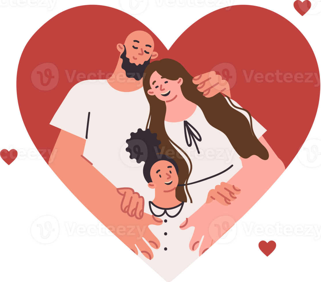Happy family of parents and little daughter hugging located in big heart, symbolizing mutual love or unity. Positive family with mom and dad near foster child of preschool age taken from orphanage png
