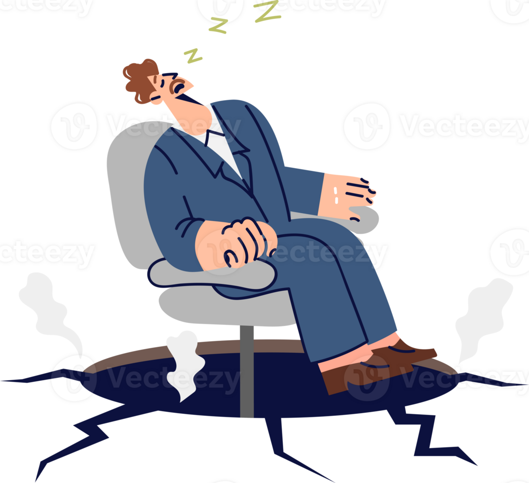 Lazy business man demonstrating inefficiency due to lack of motivation, sitting in chair over abyss. Problem ineffectiveness of office employee is caused by lack of decent salary and poor management png