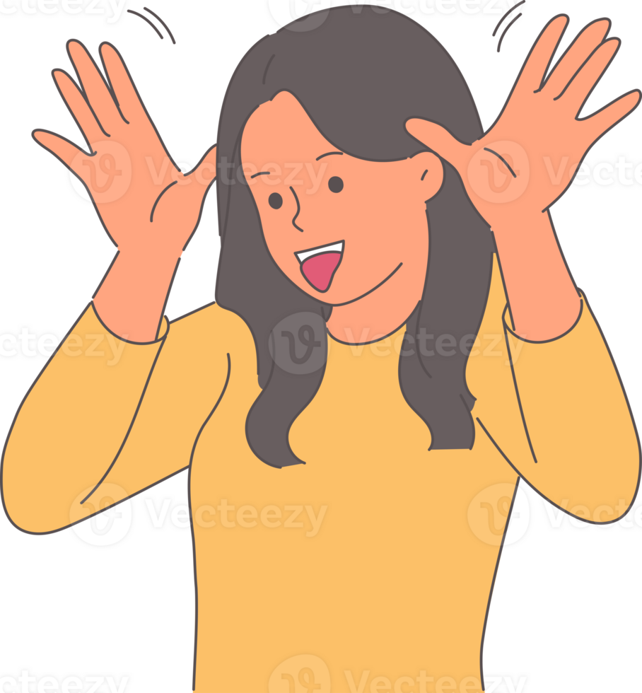 Bully girl makes funny grimace, sticking out tongue and putting palms to ears to amuse interlocutor. Teenager shows funny face, wanting to see laughter and positive emotions in small child. png