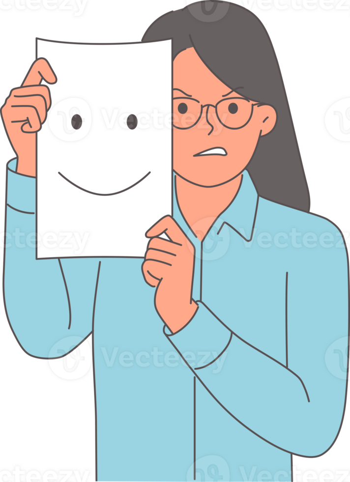 Hypocrisy and secrecy of business woman hiding real emotions behind mask of happy human. Female manager uses hypocrisy and manipulation to hide true goals or force subordinates to work more. png