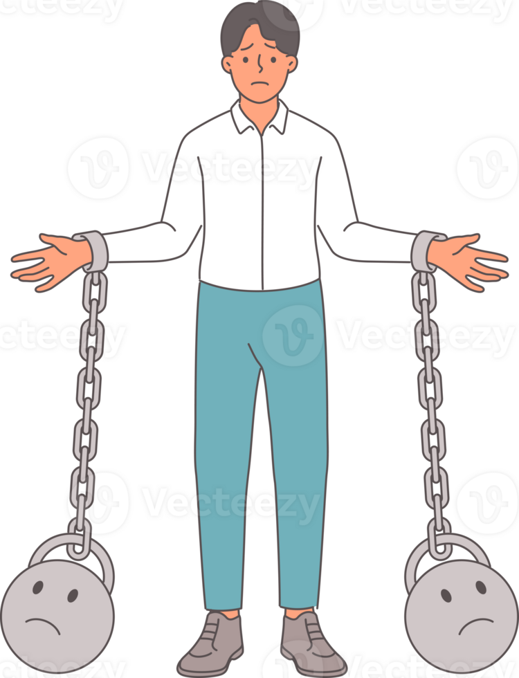 Business man slave suffers from lack of freedom and opportunity for self-realization, stands with weights tied in hands. Office slave experiences burnout becouse of absence choice and prospects png