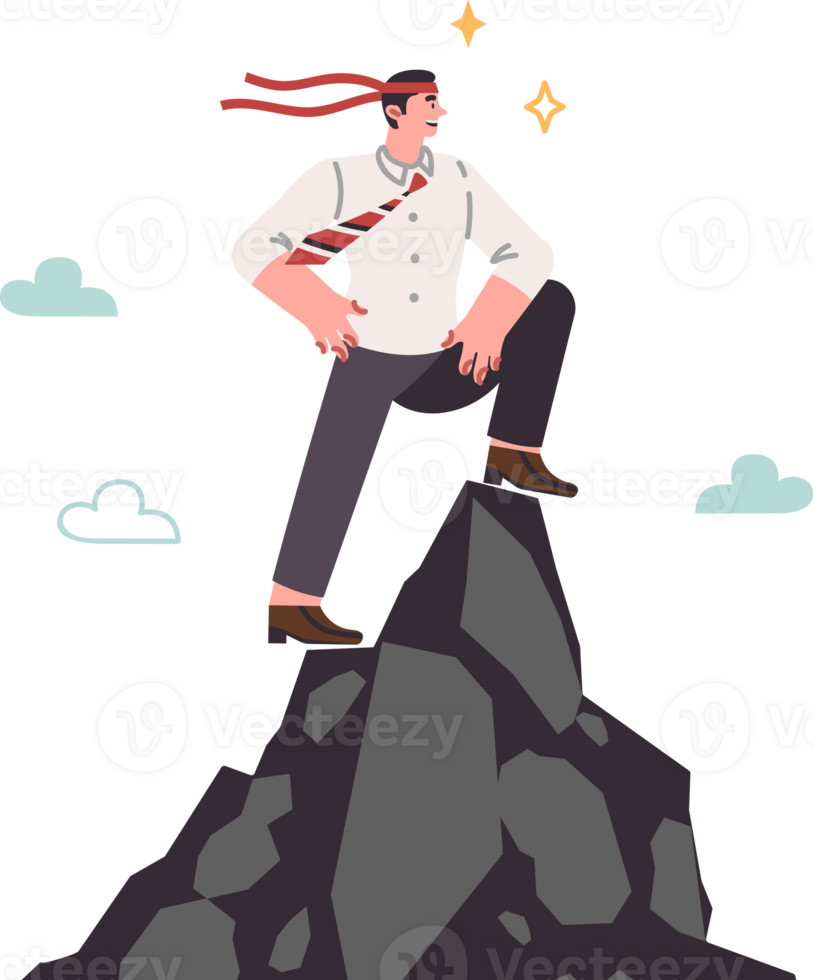 Successful man leader stands on top of cliff with bandage on head and looks confidently into future. Ambitious entrepreneur leader proud of success achieved and opportunity to become best in industry png