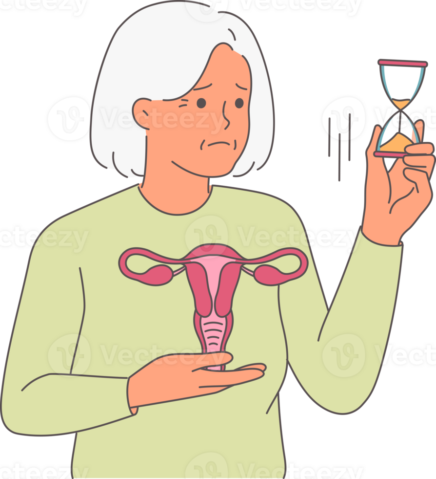 Menopause in elderly woman experiencing hormonal imbalance, holding model of uterus and hourglass. Problems with sexual health in grandmother who needs help of gynecologist to support menopause png