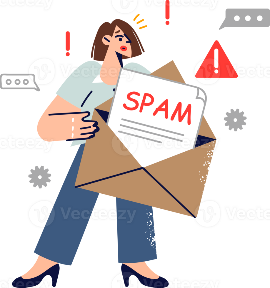 Spam letter in hands of woman who received email message containing virus and malware. Girl became victim of hacker sending spam to hack email account and gain unauthorized access to computer. png