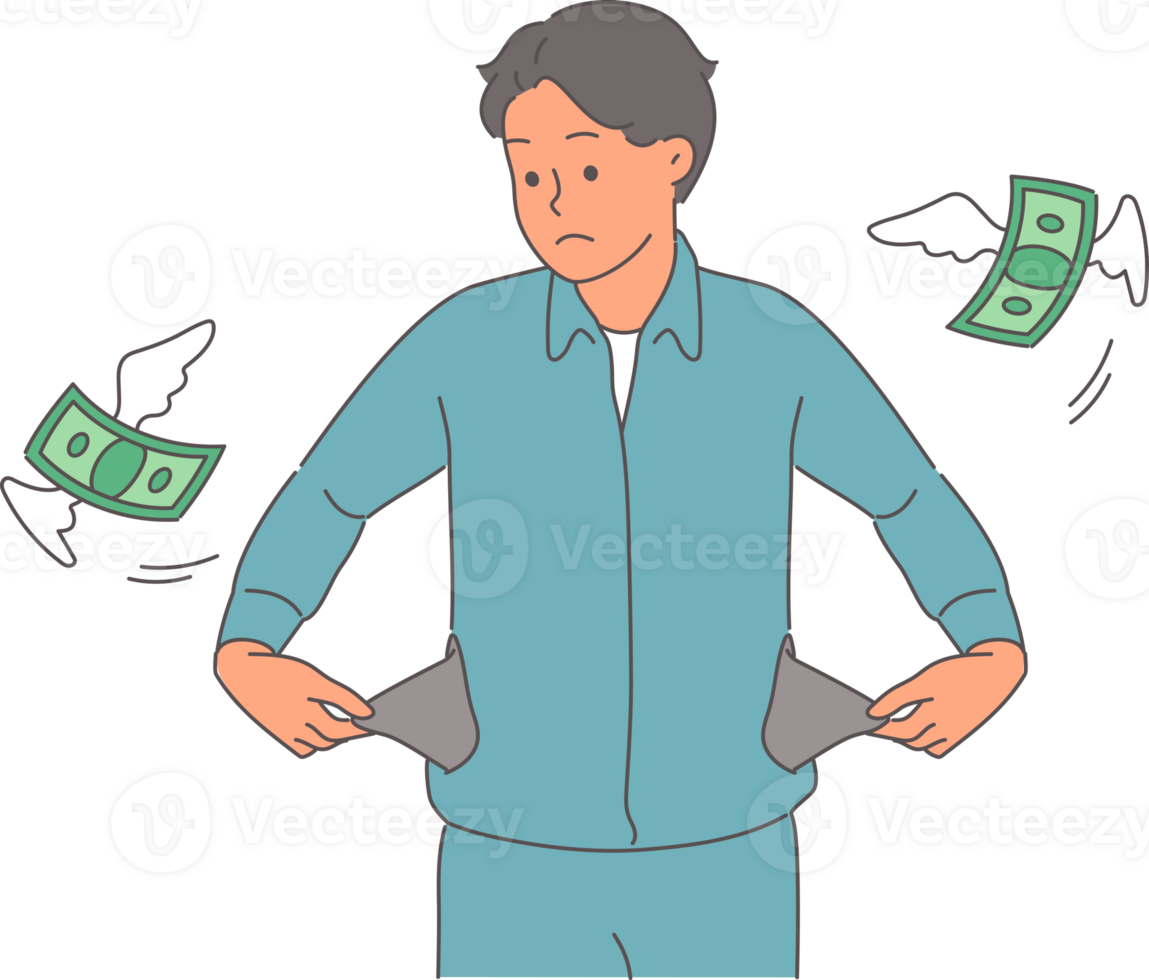 Poor man is sad because of empty pockets and lack of money for purchases, as metaphor for bankruptcy. Financial crisis and inflation cause stress for poor guy needing unemployment benefits png