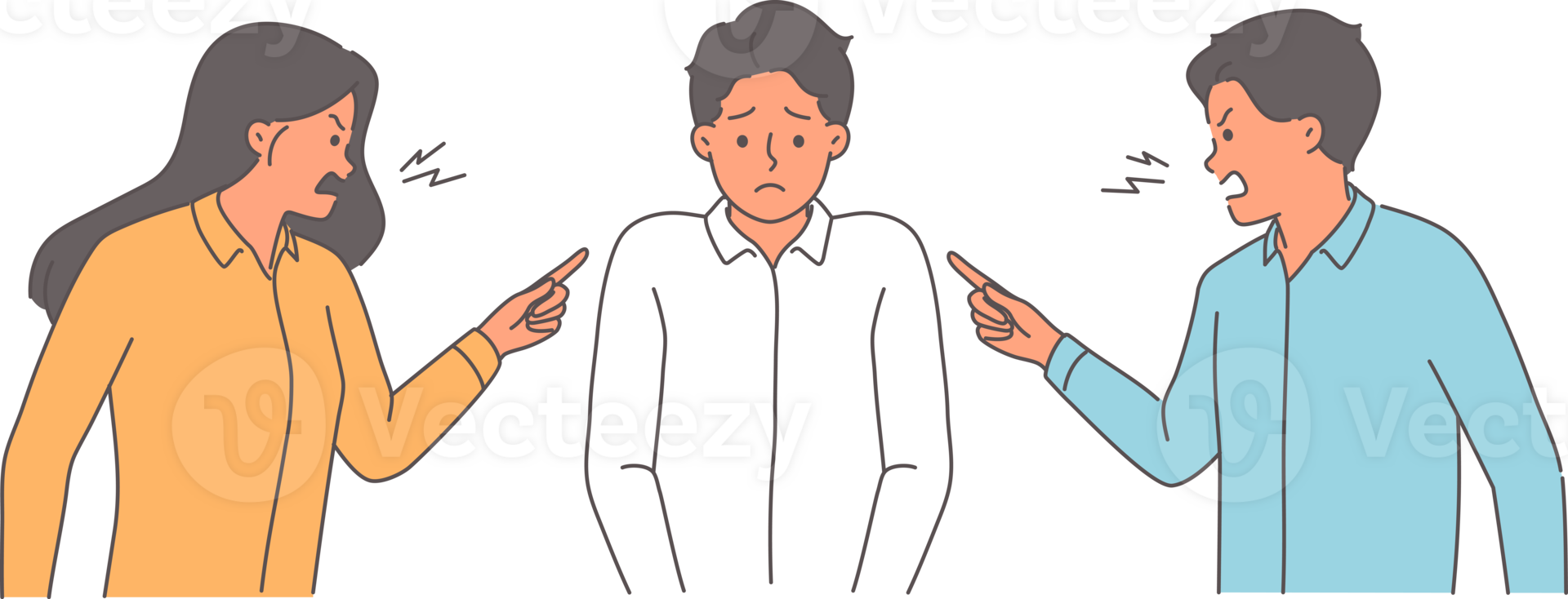 Two bosses scold subordinate who made mistake, and point finger at clerk in need of protection. Colleagues scold male manager for lack of productivity and poor work performance violating kpi png