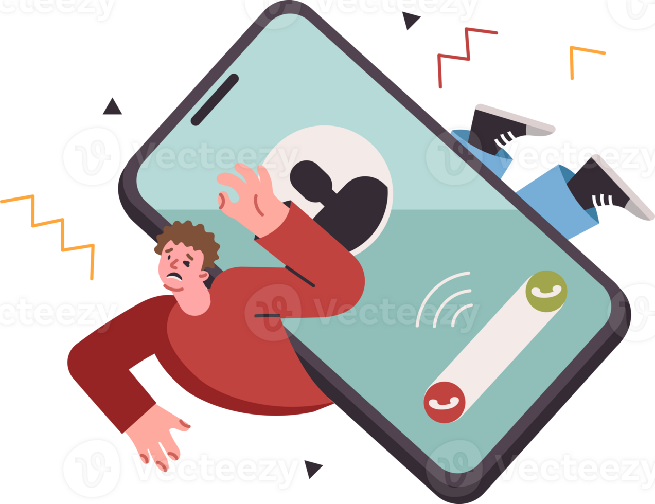 Tough phone conversations put pressure on man, who has become victim of telephone scammers. Problem of digital addiction of unhappy guy lying on ground under huge phone with incoming call png