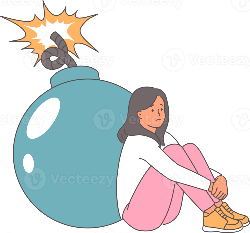 Teenage girl feels tired and burnout out due to problems with socialization, sits near burning bomb. Concept of relationship difficulties causing psychological burnout and mental disorder png