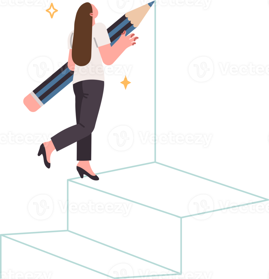 Woman draws career ladder to move up ranks and achieve success in professional field. Metaphor for striving for success and independently creating conditions for achieving your goals. png