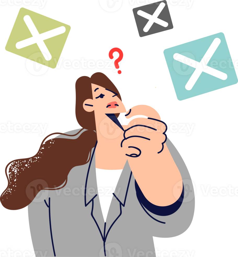 Woman thinking about plans for future or ways of self-development, scratching chin and doing planning. Lady in business clothes thinking about meaning of life after reading philosophical literature png