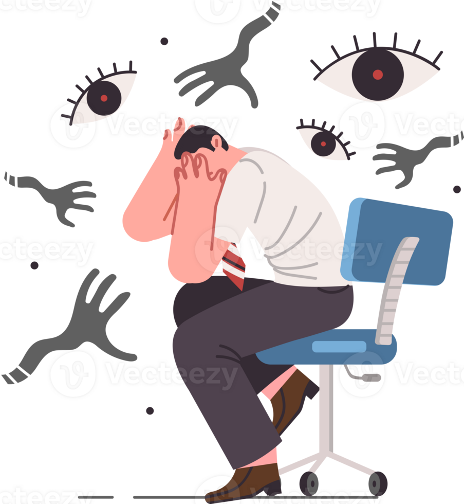 Paranoia and panic attack cause fear in business man who needs help of psychotherapist, sitting among hands of monsters. Office worker sees hallucinations due to paranoia caused by regular stress png