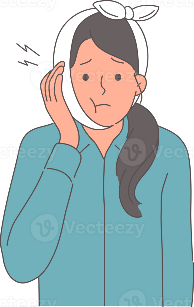 Woman with bad tooth and bandage on head needs to go to dentist or take painkillers. Caries and stomatitis caused swelling in girl who violated rules of oral hygiene or did not want to go to dentist png