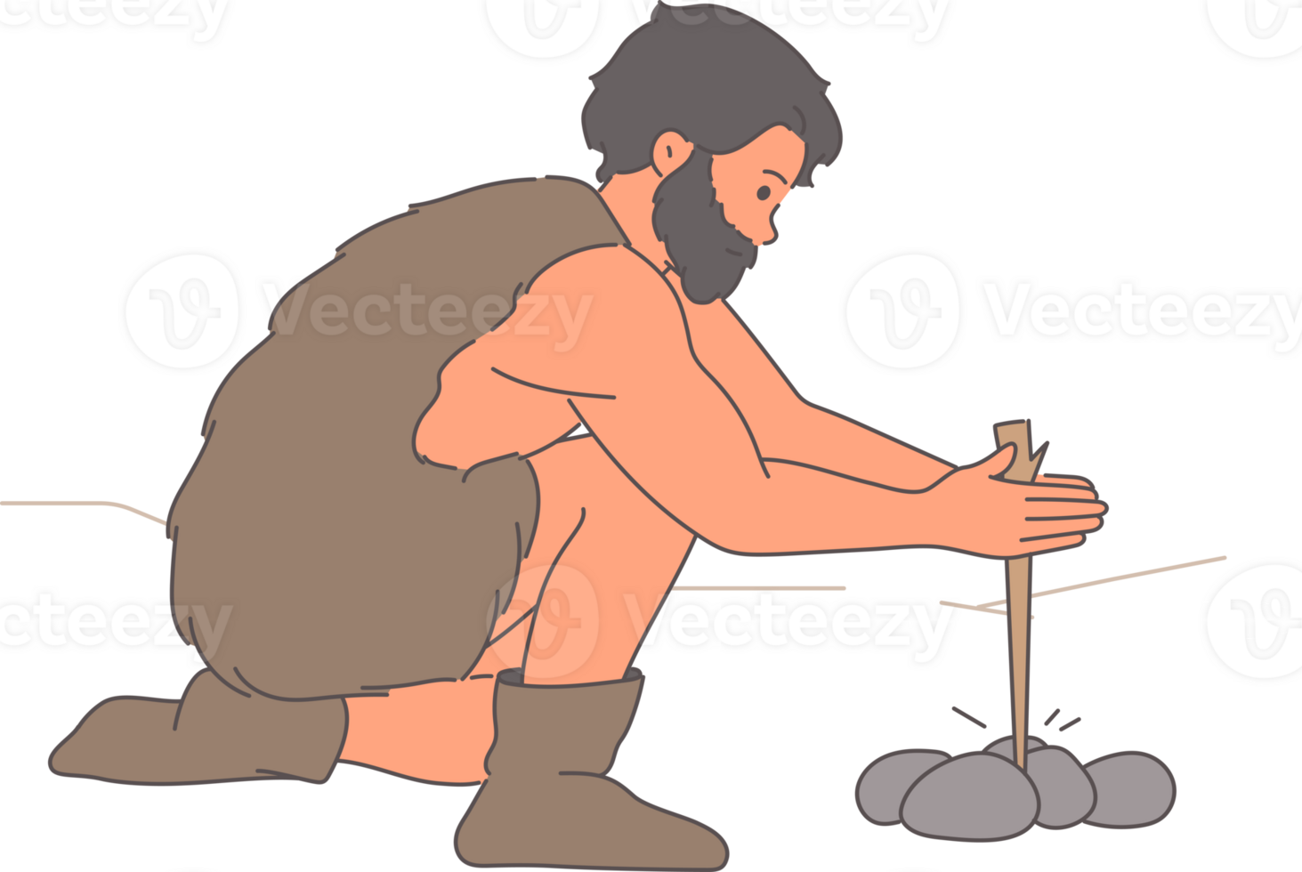 Primitive man makes fire using tree branch and stones in process of evolutionary development. Primitive neanderthal dressed in animal skin wants fire to cook food or scare away predators png